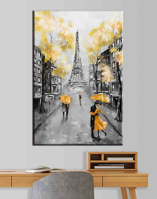 Een schilderij van een straat met mensen die onder een paraplu lopen Een schilderij van een straat met mensen die onder een paraplu lopen