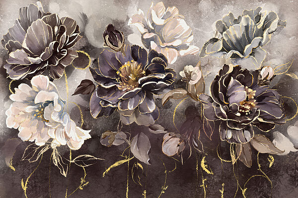 Een schilderij van bloemen op een muur Een schilderij van bloemen op een muur