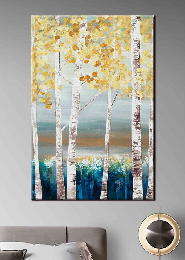 Een schilderij van bomen met gele bladeren Een schilderij van bomen met gele bladeren