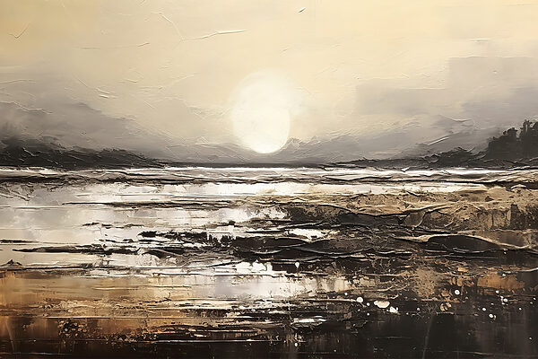 Een schilderij van een strand met de zon op de achtergrond Een schilderij van een strand met de zon op de achtergrond