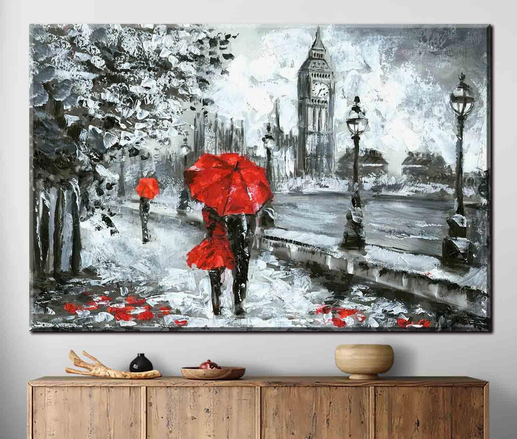 A painting of a couple holding umbrellas in a snowy city