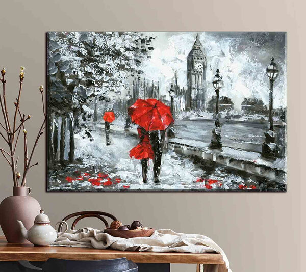 Een schilderij van een stel met paraplu's in een besneeuwde stad Een schilderij van een stel met paraplu's in een besneeuwde stad