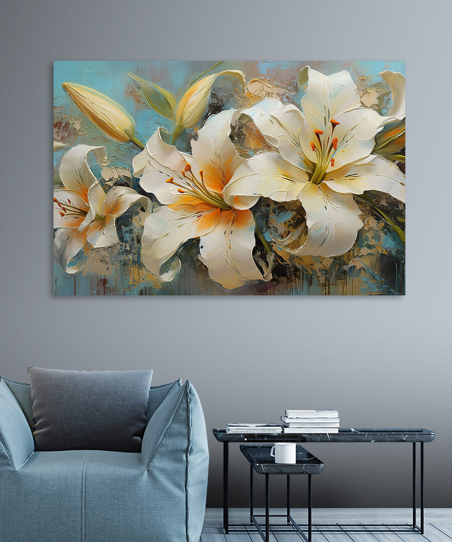 Een schilderij van witte bloemen