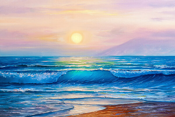 Een schilderij van een strand met golven en een zonsondergang Een schilderij van een strand met golven en een zonsondergang