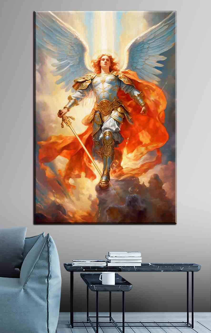 Een schilderij van een persoon in harnas met vleugels en een zwaard