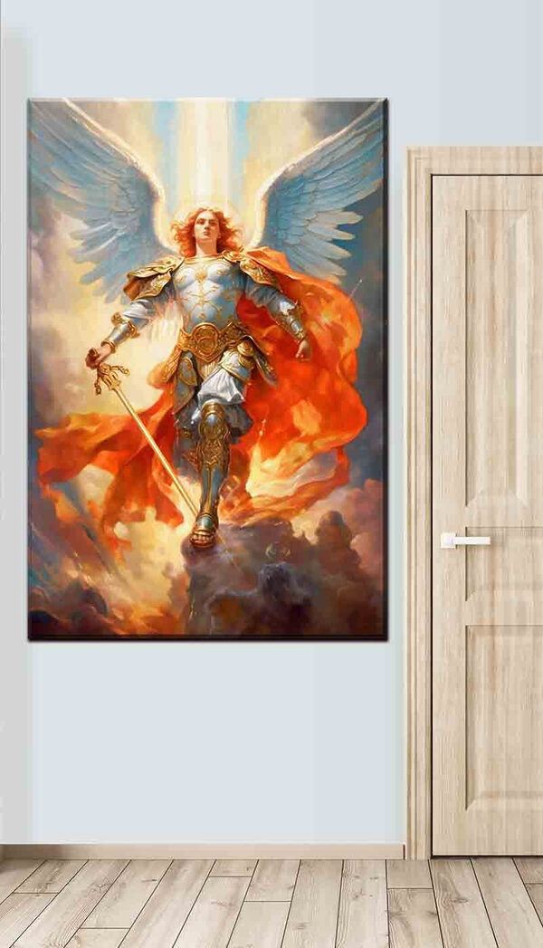 Een schilderij van een persoon in harnas met vleugels en een zwaard Een schilderij van een persoon in harnas met vleugels en een zwaard