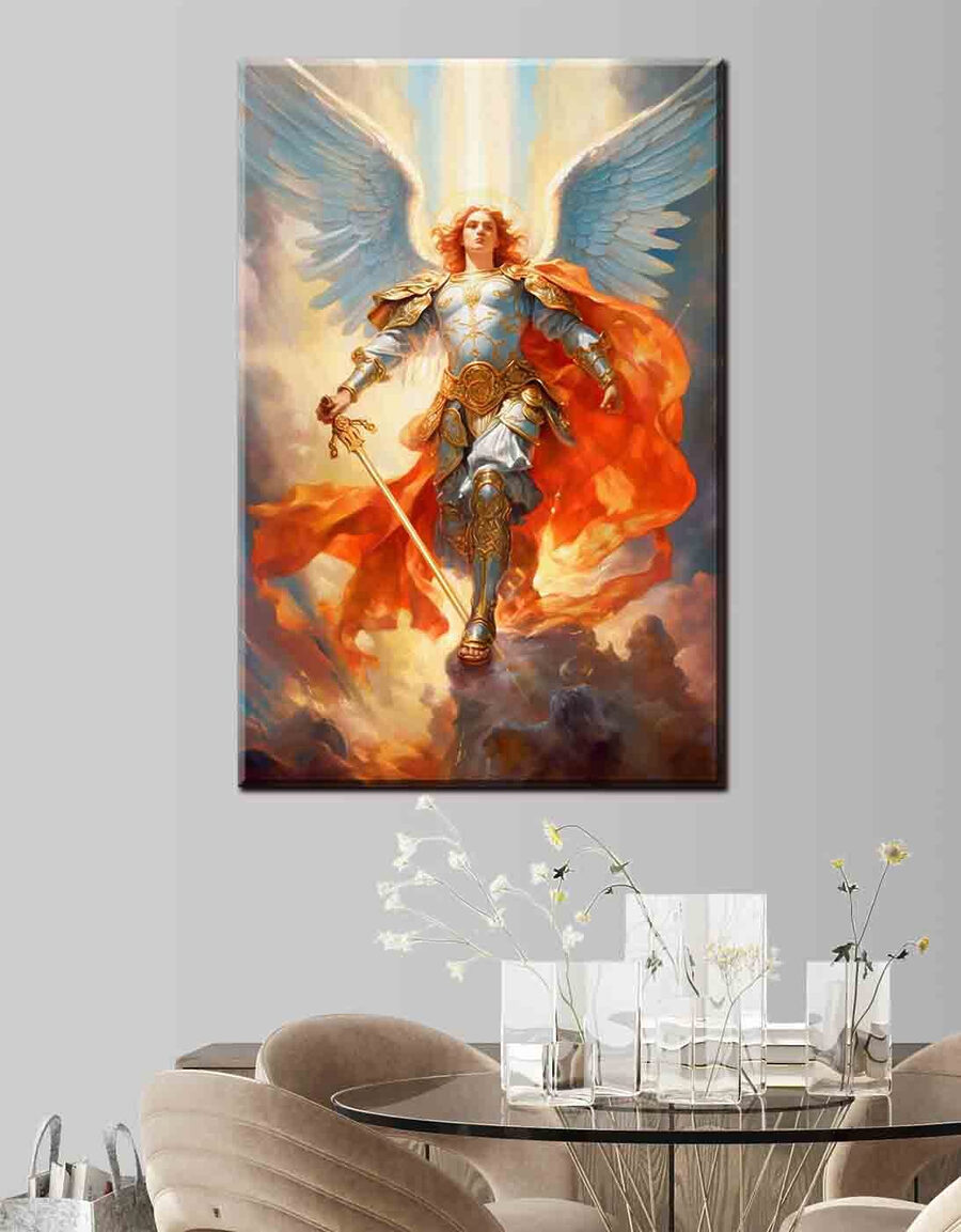Een schilderij van een persoon in harnas met vleugels en een zwaard