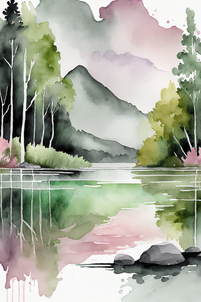Watercolor painting of a lake with trees and mountains in the background