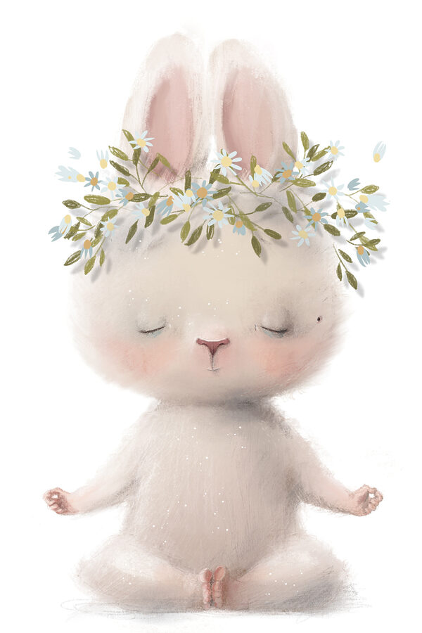 Een cartoon van een konijn met bloemen op zijn hoofd Een cartoon van een konijn met bloemen op zijn hoofd
