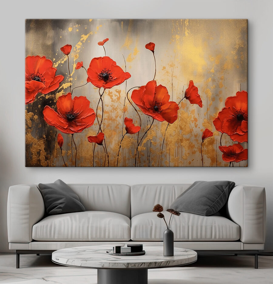 Een schilderij van rode bloemen