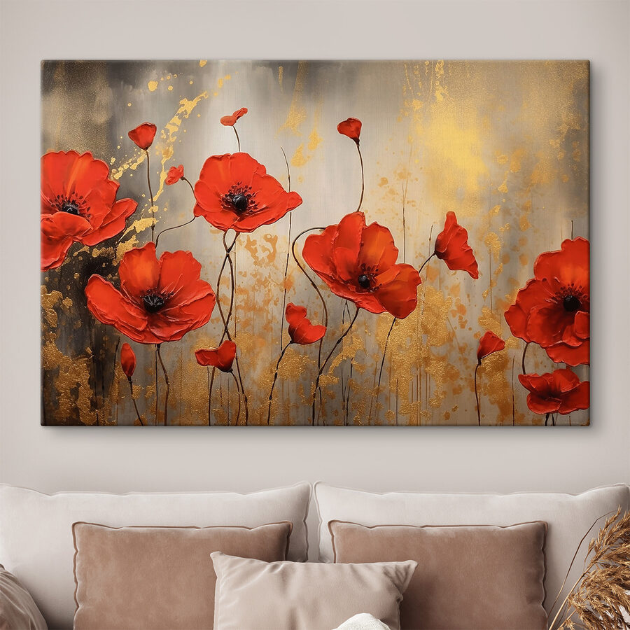Een schilderij van rode bloemen