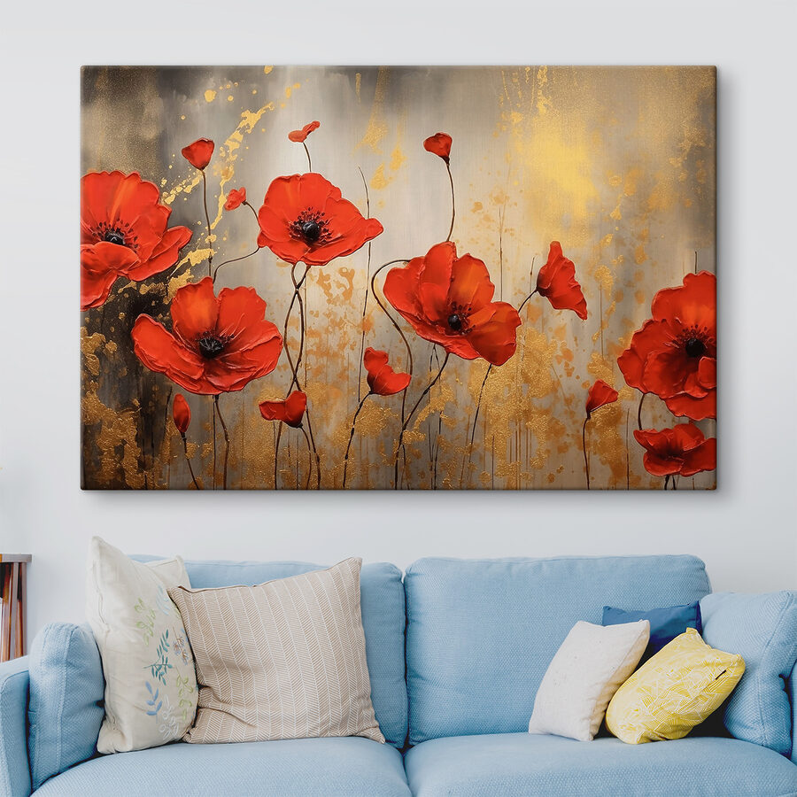 Een schilderij van rode bloemen