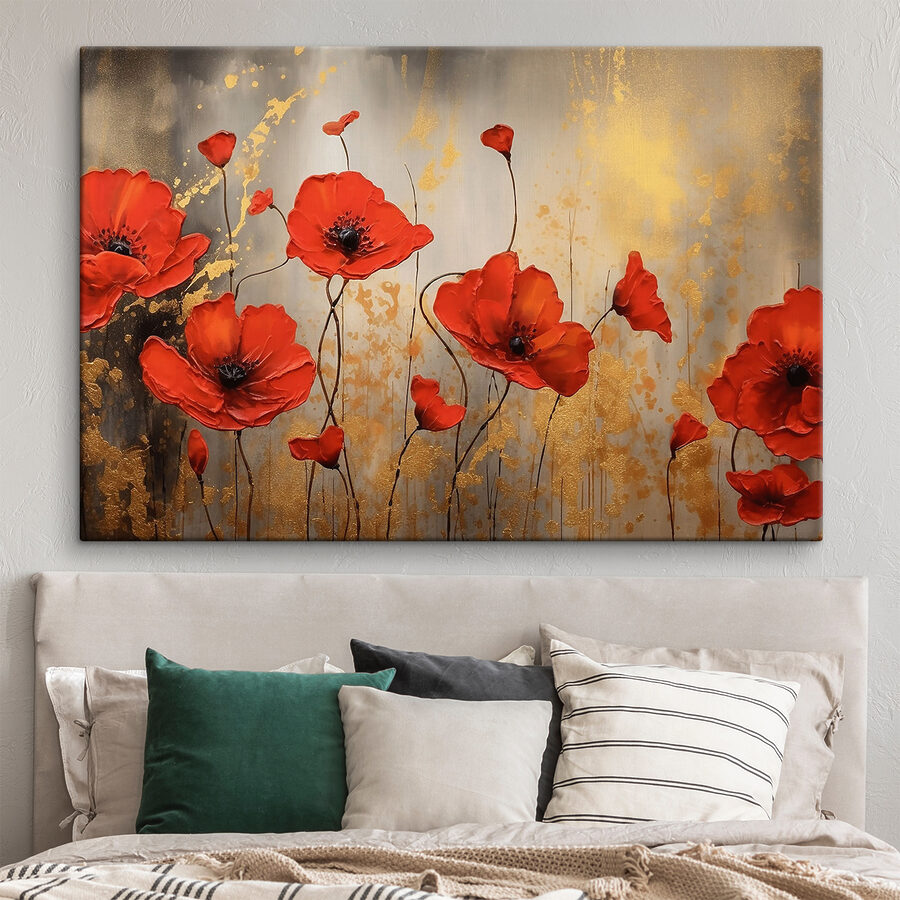 Een schilderij van rode bloemen