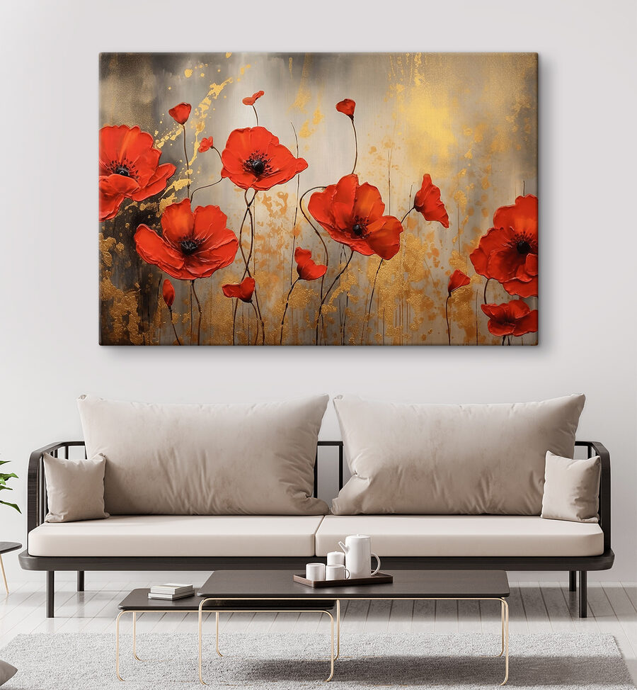 Een schilderij van rode bloemen