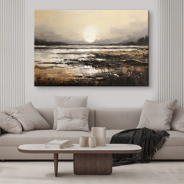 Een schilderij van een strand met de zon op de achtergrond Een schilderij van een strand met de zon op de achtergrond