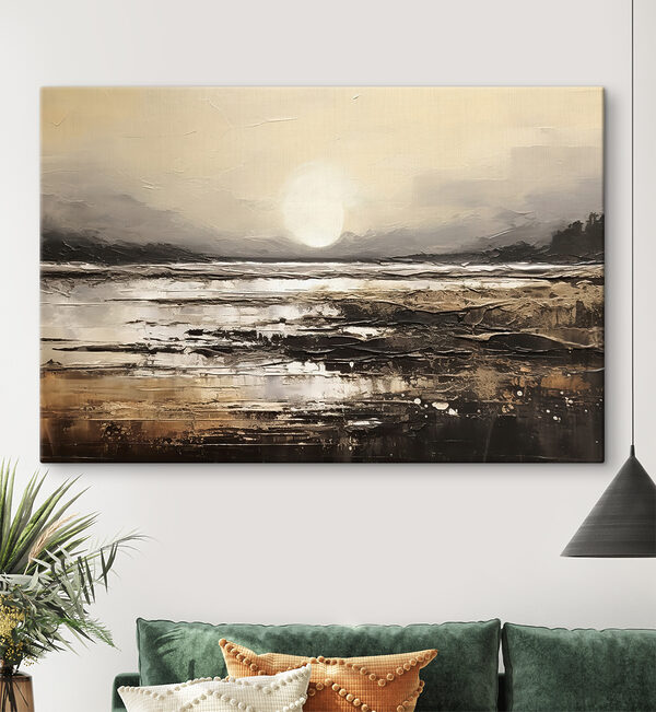 Een schilderij van een strand met de zon op de achtergrond Een schilderij van een strand met de zon op de achtergrond