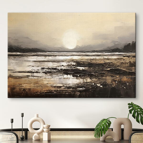 Een schilderij van een strand met de zon op de achtergrond Een schilderij van een strand met de zon op de achtergrond
