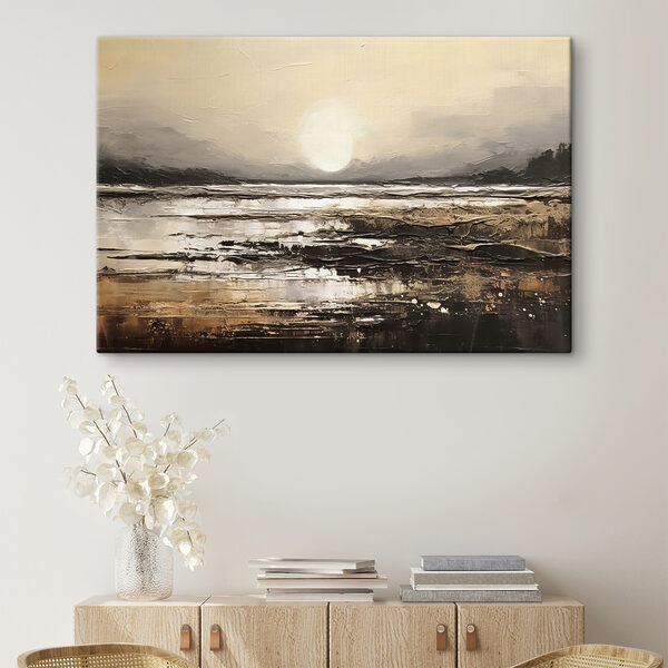 Een schilderij van een strand met de zon op de achtergrond Een schilderij van een strand met de zon op de achtergrond