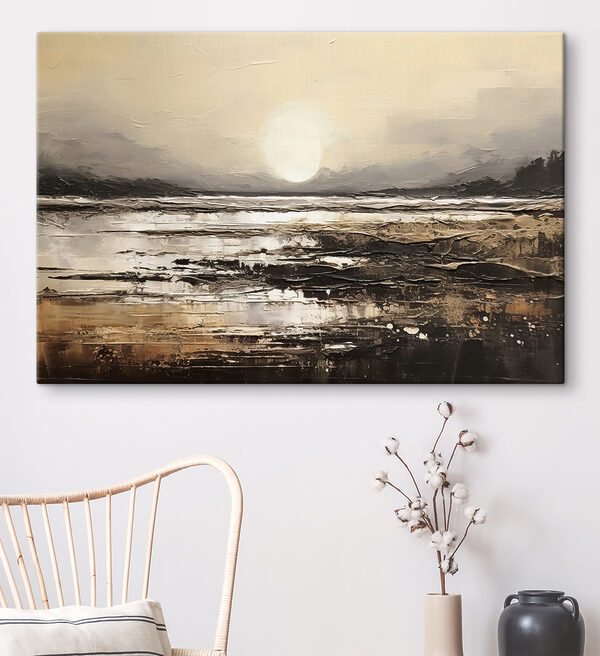 Een schilderij van een strand met de zon op de achtergrond Een schilderij van een strand met de zon op de achtergrond