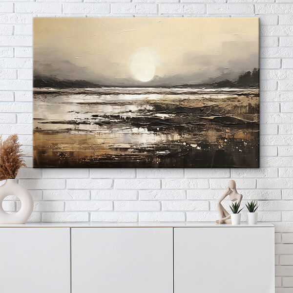 Een schilderij van een strand met de zon op de achtergrond Een schilderij van een strand met de zon op de achtergrond