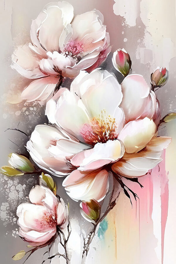 Een schilderij van bloemen op een wit oppervlak Een schilderij van bloemen op een wit oppervlak