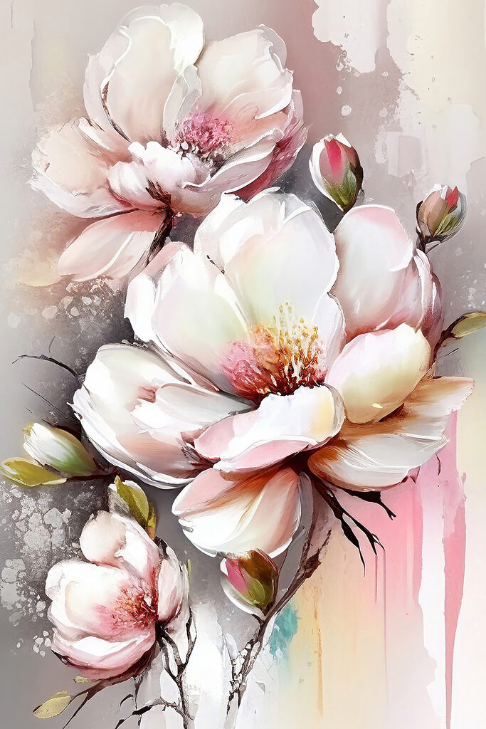 A painting of flowers on a white surface A painting of flowers on a white surface