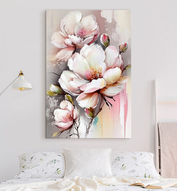Een schilderij van bloemen op een wit oppervlak Een schilderij van bloemen op een wit oppervlak