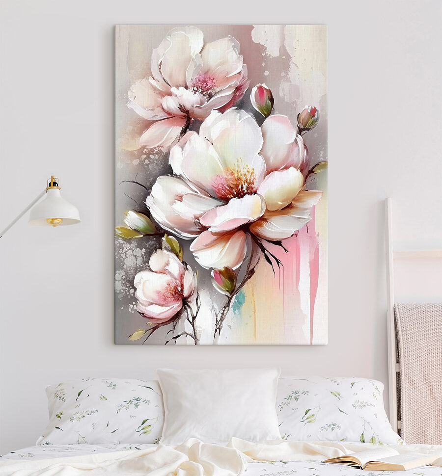 Een schilderij van bloemen op een wit oppervlak