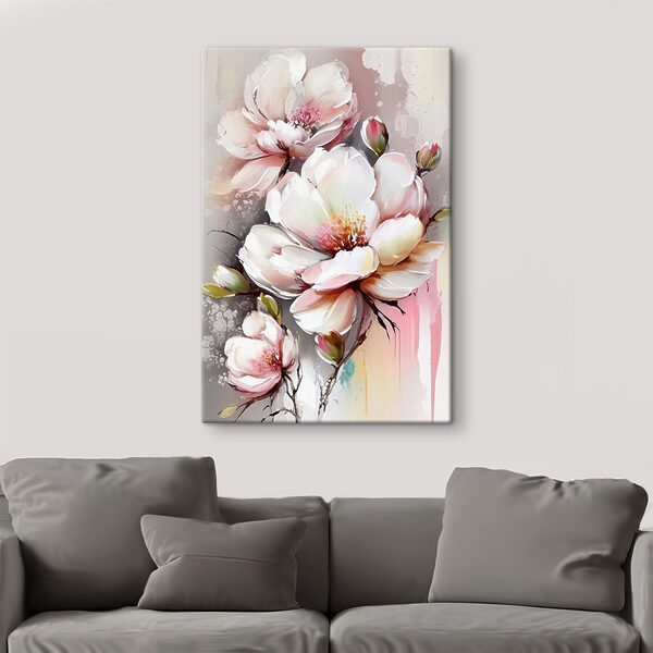 Een schilderij van bloemen op een wit oppervlak Een schilderij van bloemen op een wit oppervlak