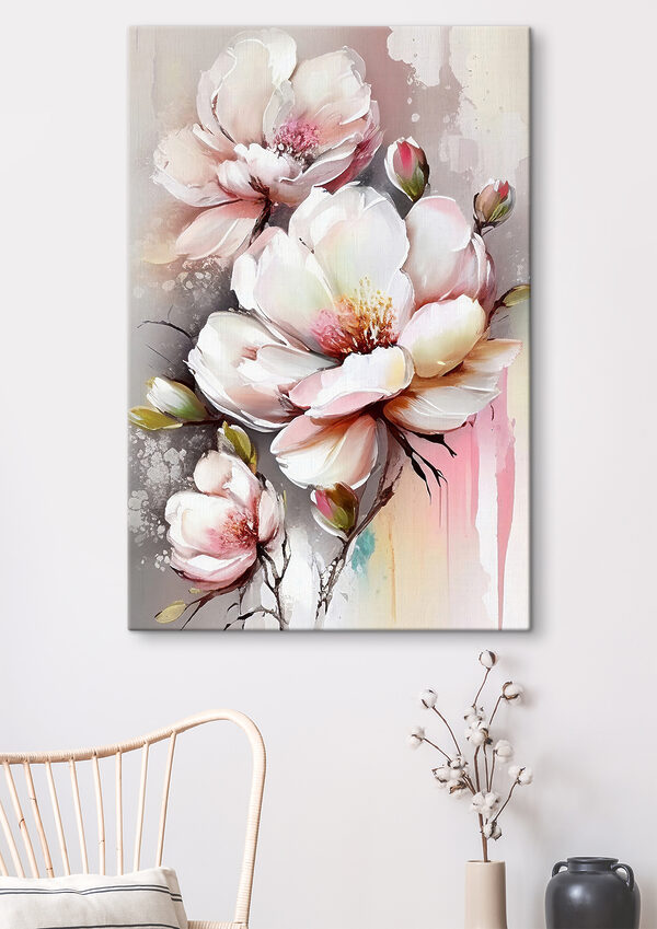 Een schilderij van bloemen op een wit oppervlak Een schilderij van bloemen op een wit oppervlak
