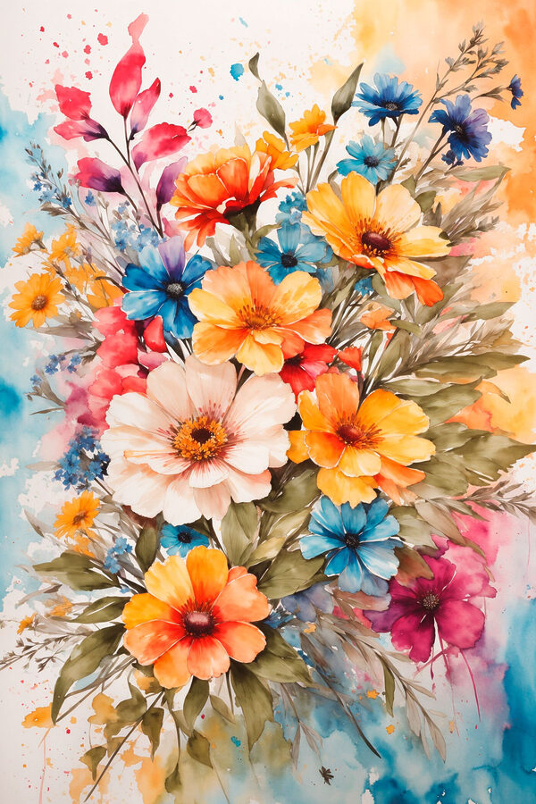 Een schilderij van bloemen op een wit oppervlak Een schilderij van bloemen op een wit oppervlak