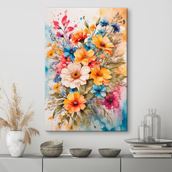 Een schilderij van bloemen op een wit oppervlak