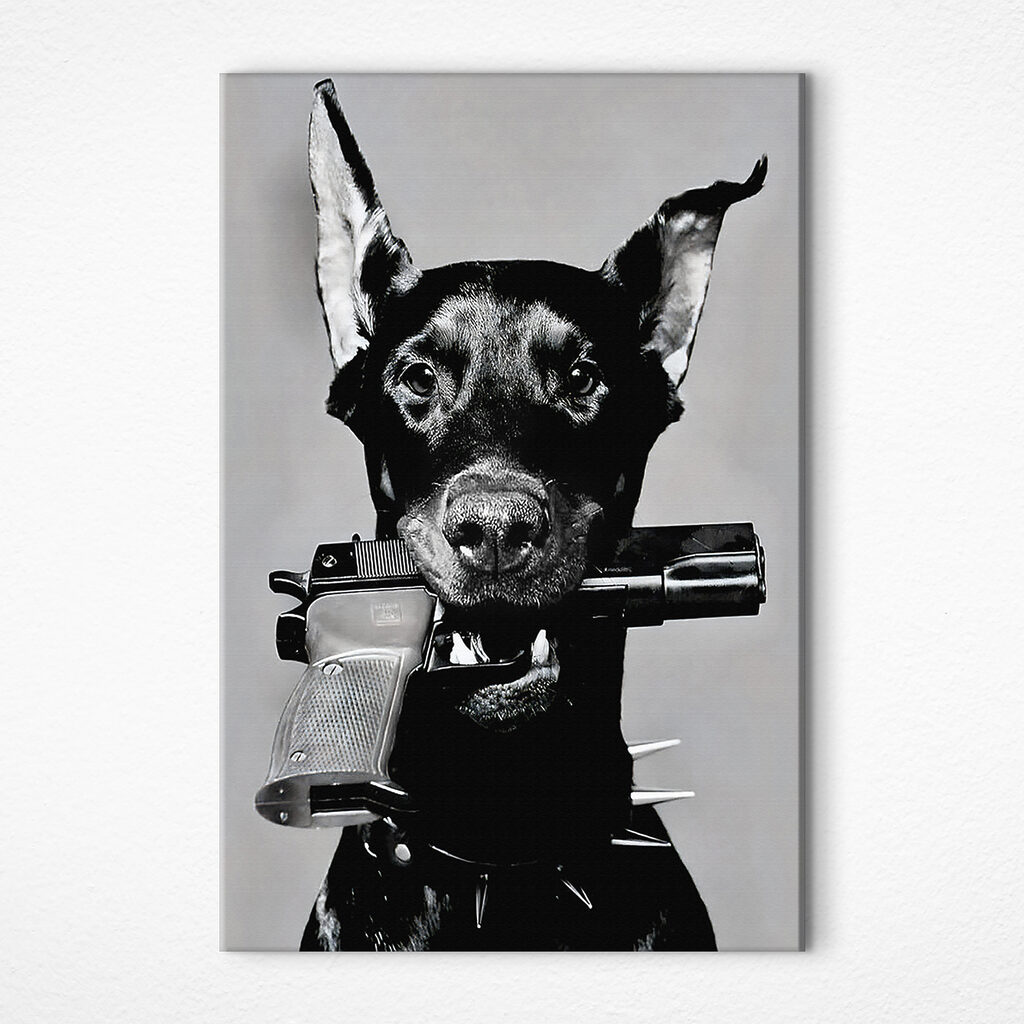 A dog holding a gun A dog holding a gun