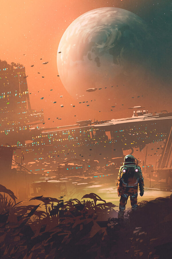 Een astronaut loopt in een stad Een astronaut loopt in een stad