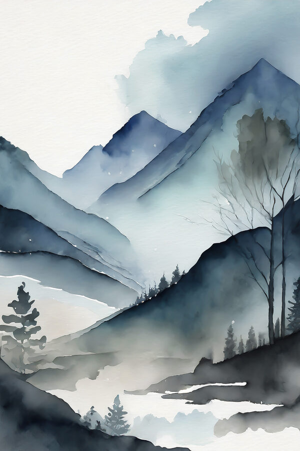 Aquarel van een bergketen met bomen en mist Aquarel van een bergketen met bomen en mist