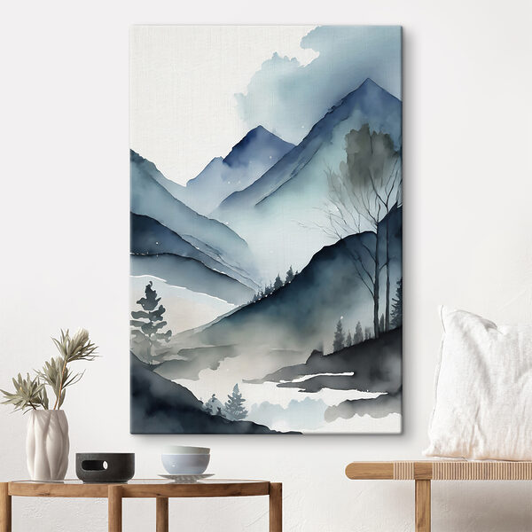 Aquarel van een bergketen met bomen en mist Aquarel van een bergketen met bomen en mist