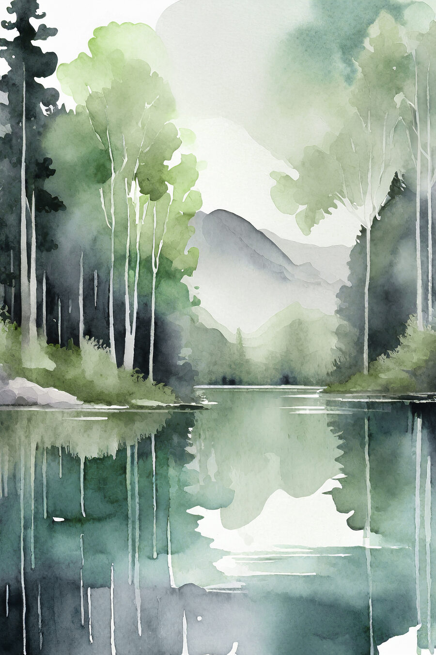 Aquarel schilderij van een meer omringd door bomen en bergen