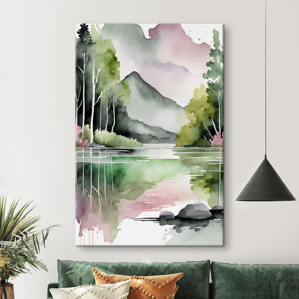 Watercolor painting of a lake with trees and mountains in the background