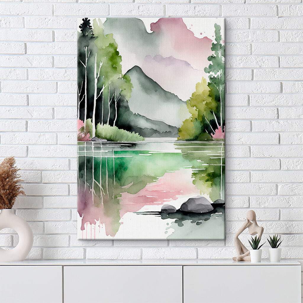 Watercolor painting of a lake with trees and mountains in the background