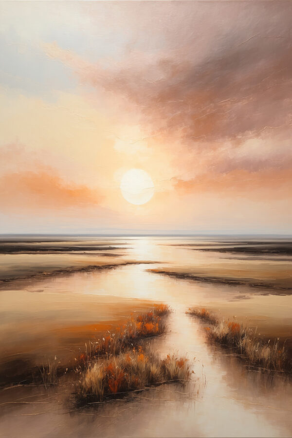 Een schilderij van een zonsondergang boven een moeras Een schilderij van een zonsondergang boven een moeras