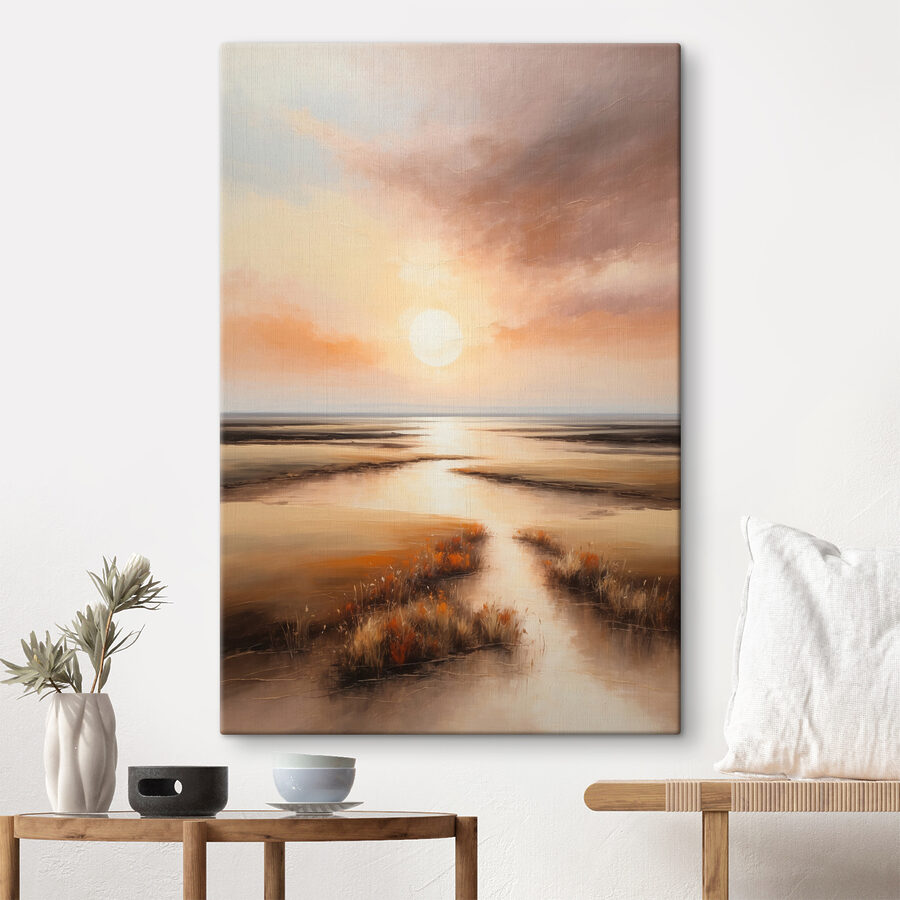 Een schilderij van een zonsondergang boven een moeras Een schilderij van een zonsondergang boven een moeras