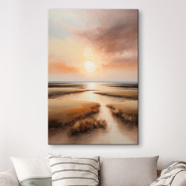 Een schilderij van een zonsondergang boven een moeras Een schilderij van een zonsondergang boven een moeras