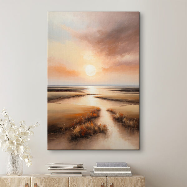 Een schilderij van een zonsondergang boven een moeras Een schilderij van een zonsondergang boven een moeras