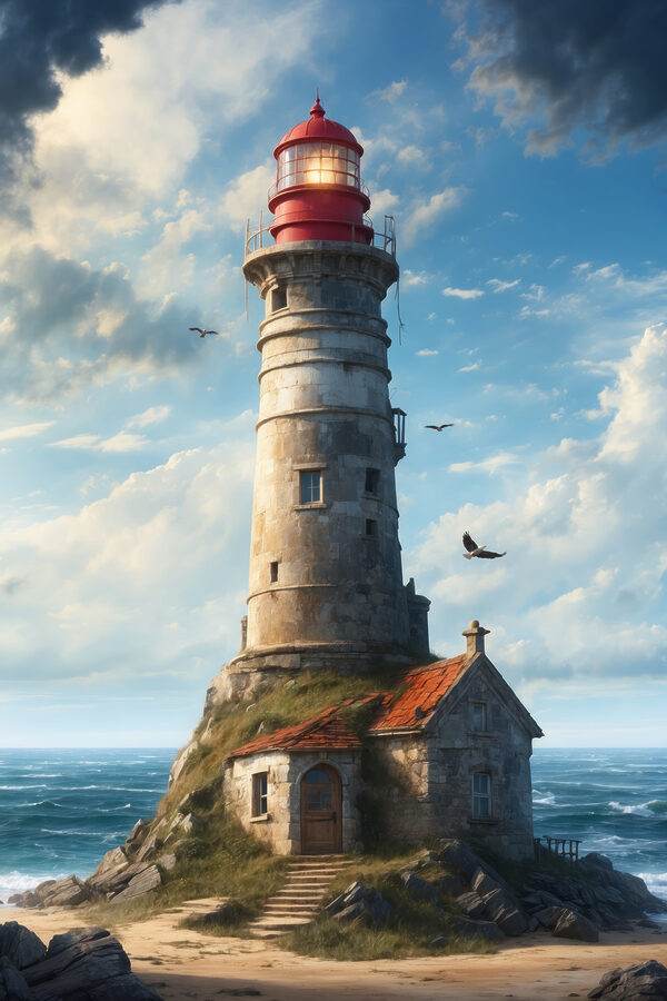 Een vuurtoren op een rots met Ford Eiland op de achtergrond Een vuurtoren op een rots met Ford Eiland op de achtergrond
