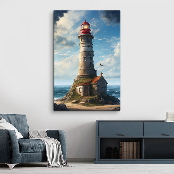 Een vuurtoren op een rots met Ford Eiland op de achtergrond Een vuurtoren op een rots met Ford Eiland op de achtergrond