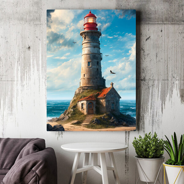 Een vuurtoren op een rots met Ford Eiland op de achtergrond Een vuurtoren op een rots met Ford Eiland op de achtergrond