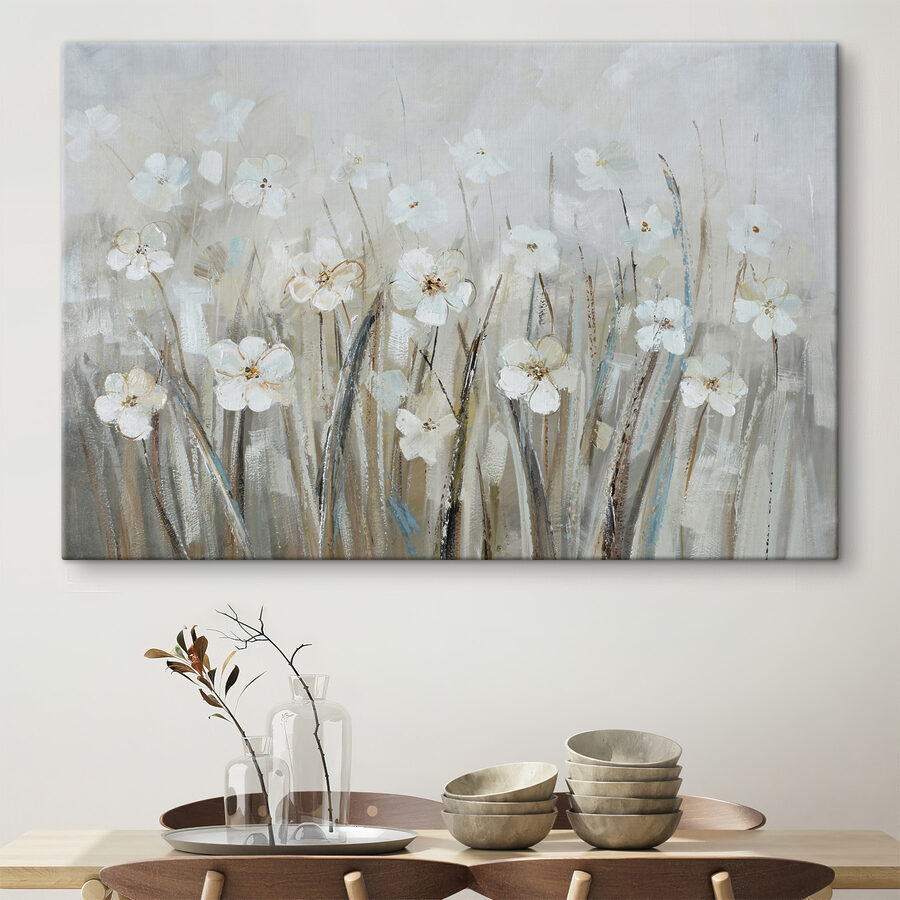 Een schilderij van witte bloemen