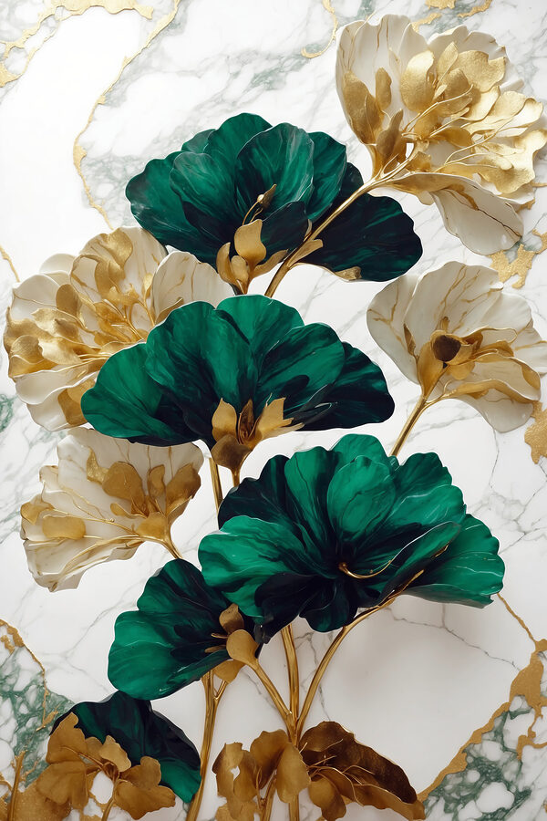 Groene en witte bloemen op een marmeren oppervlak Groene en witte bloemen op een marmeren oppervlak