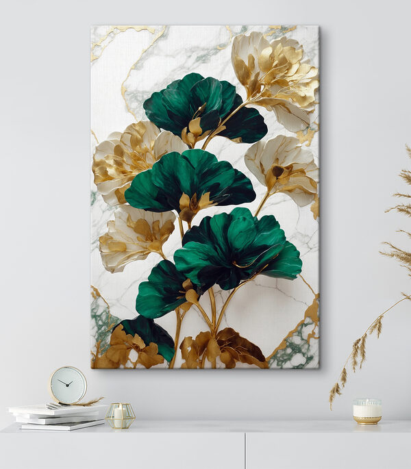 Groene en witte bloemen op een marmeren oppervlak Groene en witte bloemen op een marmeren oppervlak