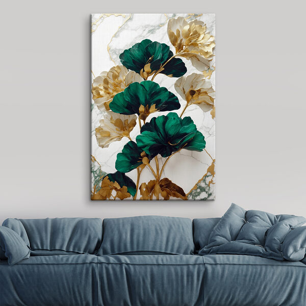 Groene en witte bloemen op een marmeren oppervlak Groene en witte bloemen op een marmeren oppervlak